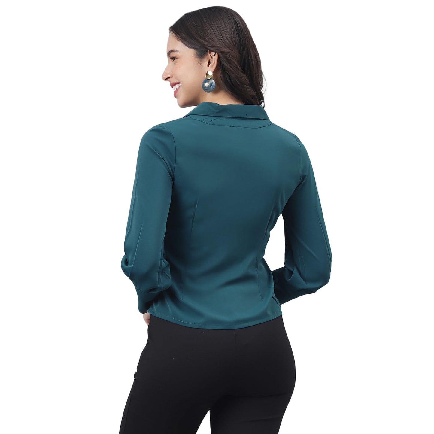 Latin Quarters Women Teal Half Sleeve Shirt Collar Solid Top_L