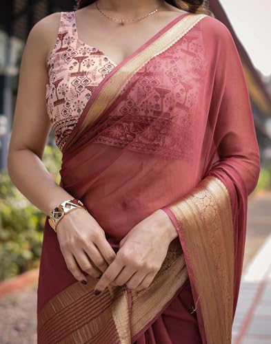 SIRIL Women's Chiffon Jacquard Weaving Saree with Unstitched Blouse Piece (4266S151_Brown)