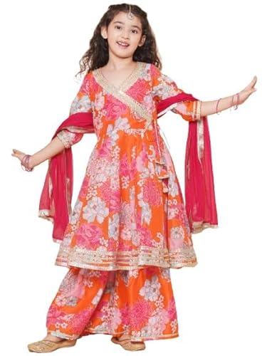 Bitiya By Bhama Girls Orange Floral Printed Angrakha Anarkali Kurta & Sharara With Dupatta(TKS141)