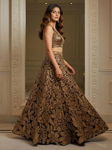 Zeel Clothing Women's Sequins Embroidered Soft Net Lehenga Choli With Dupatta (5106-Brown-Womens-Lehenga-Choli-Latest; Free size) (Brown)