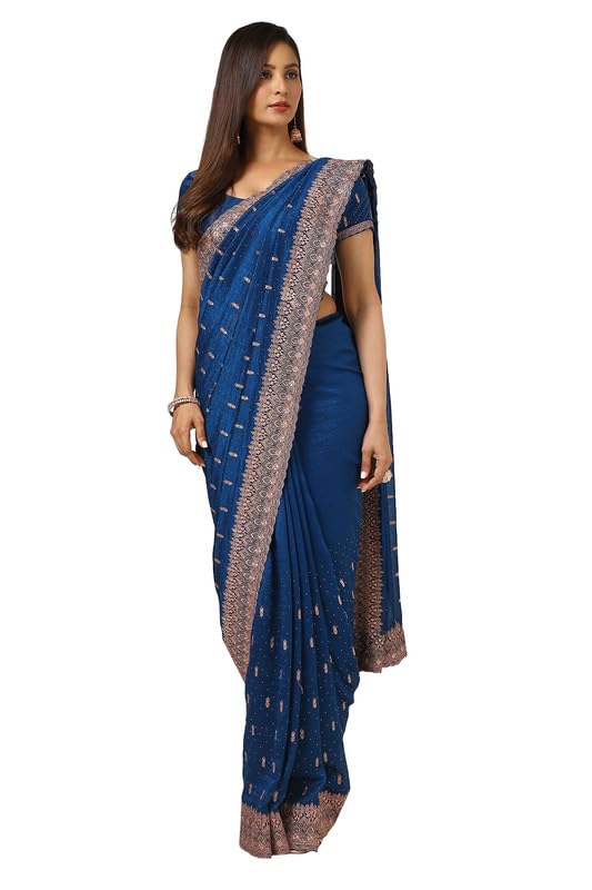 Soch Womens Blue Tussar Zari Embroidered Saree With Stone Work
