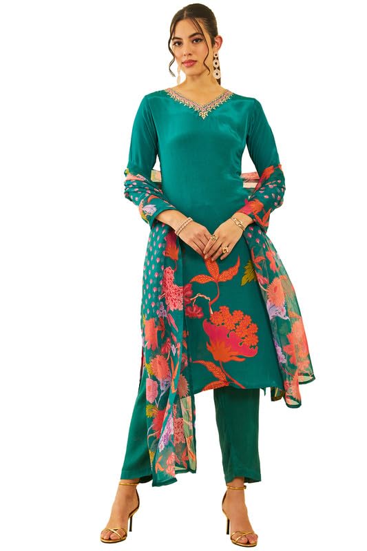 Soch Womens Teal Crepe Floral Placement Printed Suit Set With Gotta Patti