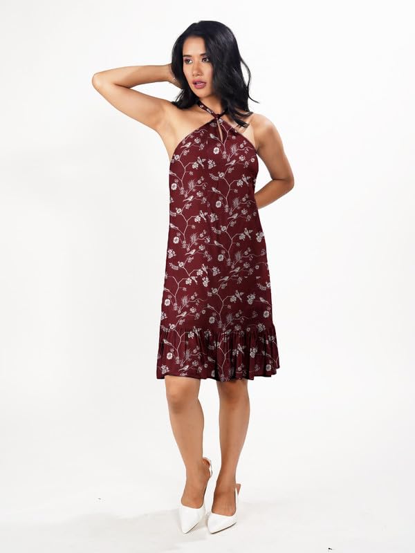 Zink London Women's Printed Tie Up Neck Short Dress Maroon