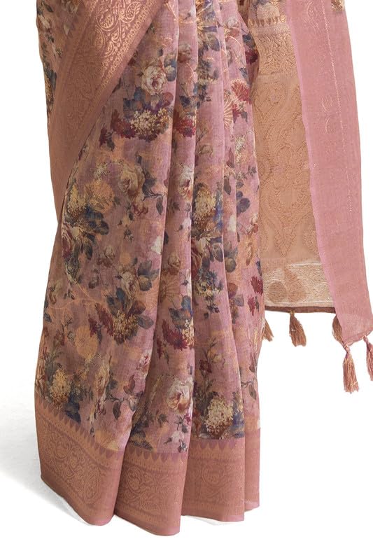 Soch Womens Earth Chanderi Floral Print Saree With Tassels