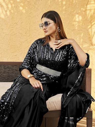 Womanista Women's Belted Satin Kaftan Black Saree With Un-stitched blouse