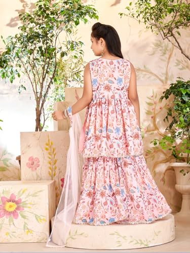 Aarika Girls Ethnic Wear Pink Colour Floral Print Beads Mirror Embroidery Silk Kurti Sharara Set (7-15 Years)