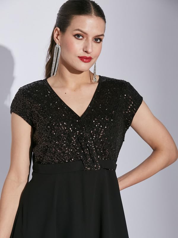 Latin Quarters Women Black V-Neck Cap Sleeve Solid Dress_XXL