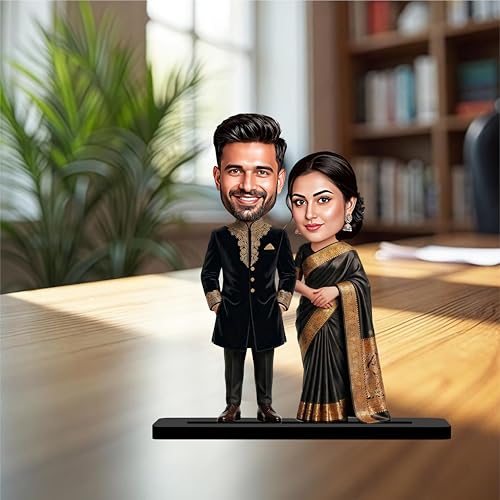 Giftvibes Personalized Couple Caricature Gift, Black Traditional Outfit Wedding Engagement Customized Wooden Caricature Standee Photo Frame for Husband Wife, Friends Unique Wedding Gift for Couples