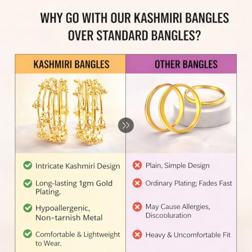 STREE STORE Gold Plated Kashmiri Bangles Bangle Set for Women & Girls | Western Style Ghungroo Design Gold Tone Bangles | Set of 8 (2.6)