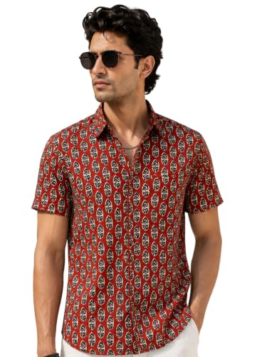 Majestic Man Men's Printed Pure Cotton Casual Shirt | Half Sleeve | Slim Fit | Collared Neck | Sanganeri/Jaipuri/Prints (in, Alpha, 2XL, Plus, Bright Rust)