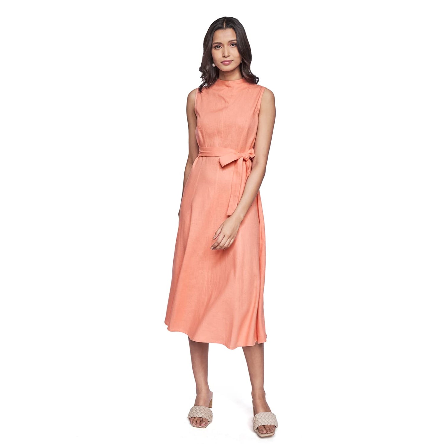 AND Women's Linen Fit Flare Calf Length Dress (EE22AB069DRLV_Peach_16)