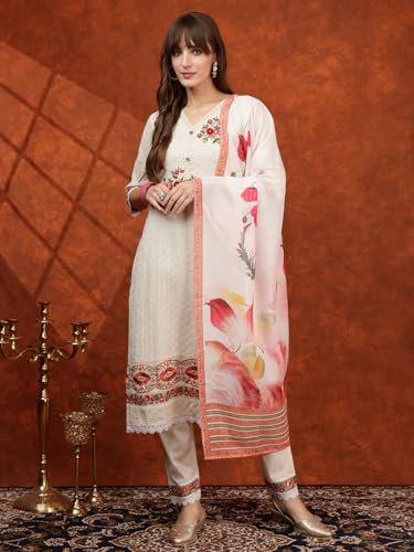 NIVANA Hand Embroidered & Chikankari Kurta with Pant & Floral Printed Dupatta | L | Cream | V-Neck | 3/4 Sleeves | Straight Fit