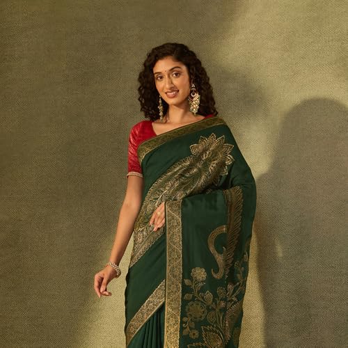 Taneira Dark Green Pure Viscose Woven Saree with Unstitched Blouse Piece (8909182563346 - Dark Green)