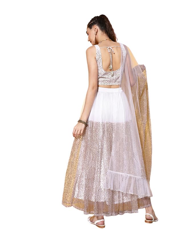 Ahalyaa White & Gold-Toned Printed Ready to Wear Lehenga & Blouse With Dupatta