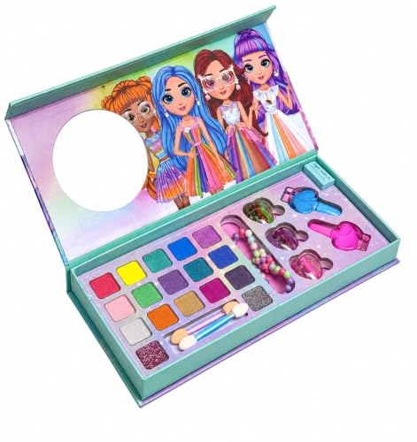 Kids Washable Makeup Kit for Girls with Mirror, Pretend Play Cosmetic Set, Eyeshadow Palette, Lip Gloss, Brushes & Accessories Gift Toy