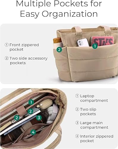 Prplet Tote Bag for Woman | Lightweight Puffy Shoulder Handbag with Multi Compartment | Travel, Office, Gym & Daily Use | Durable Taslan Fabric (Brown)