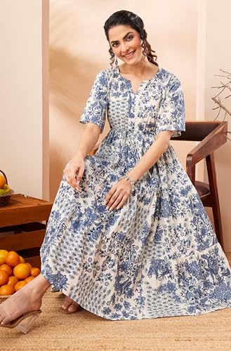 Janasya Women's Blue Pure Cotton Floral Printed Fit & Flare Dress (JAA26DR03620-JA-2XL)