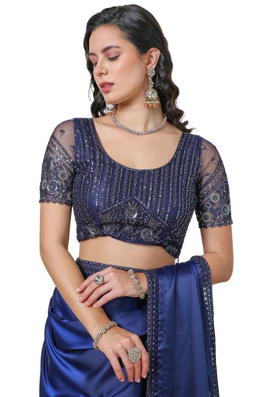 Soch Womens Navy Blue Organza Plain Saree with Lace Border