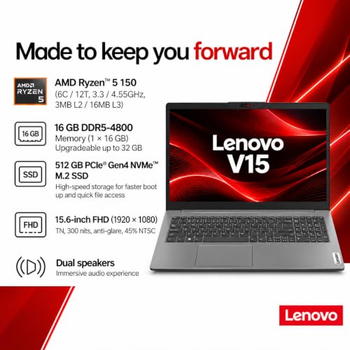 Lenovo V15 AMD Ryzen 5 150 15.6" (39.62cm) FHD 300 Nits Antiglare Thin and Light Laptop (16GB/512GB SSD/Windows 11/Office Home 2024/Luna Grey/1.65 Kg)-83V40063IG