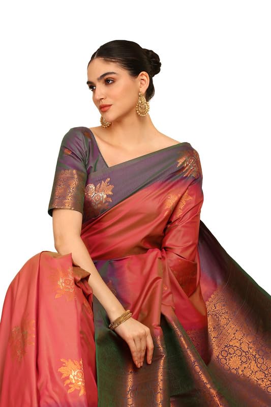 Soch Womens Pink Floral Zari Woven Design Silk Blend Saree With Tassels