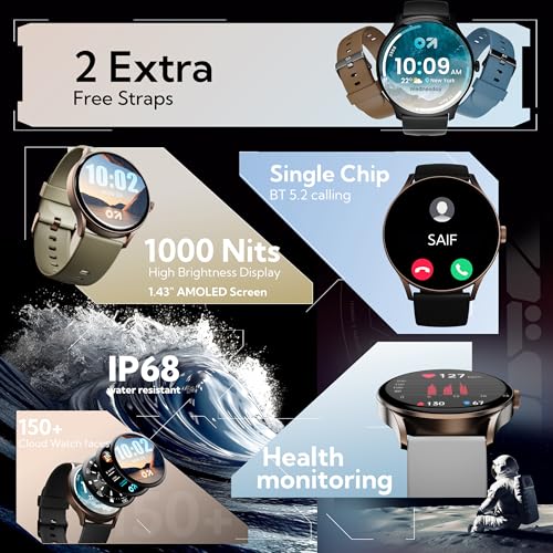 GOBOULT Newly Launched Rover Pro 1.43'' AMOLED, Free Straps, Bluetooth Calling, IP68, Zinc Alloy Frame, 1000 Nits Brightness, AI Voice Assistant, SpO2, 120+ Sports Mode Smartwatch (Pure Black)