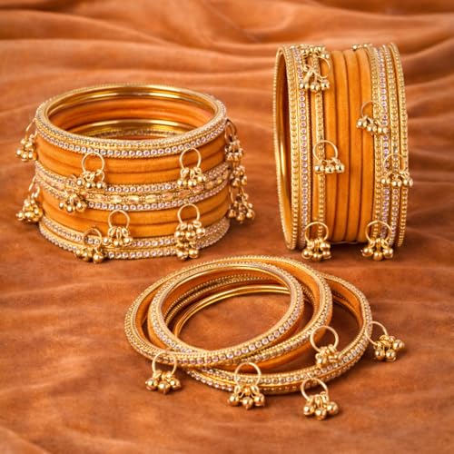 Shining Diva Fashion 20 Pcs Traditional Stylish Ghungroo Velvet Kashmiri Bangles Set for Women & Girls (rrsd17407b_2.8) (Bright Orange)