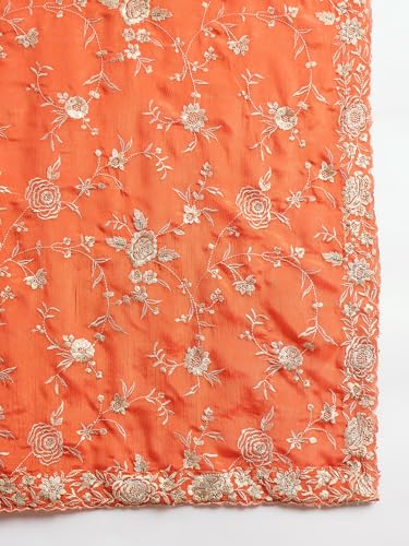 Hoyendiafad Women's Orange Chinon Stitched Gown With Dupatta Full Sleeve Embroidered Anarkali Gown (HFY-1244-Orange-L)