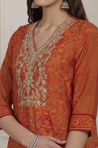 Biba Women Orange Modal Printed Straight Suit Set_32