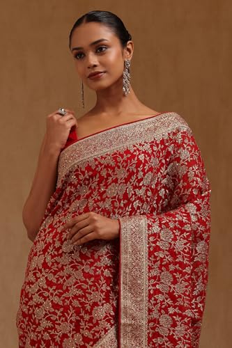 Soch Womens Red Georgette Embroidered Saree With Stone Work