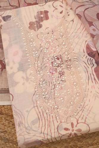 Soch Womens Cream Linen Blend Floral Print Unstitch Dress Material With Sequins