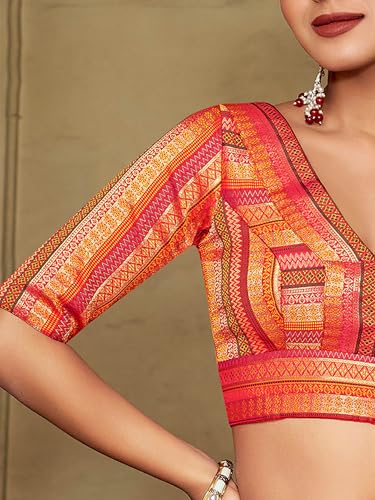 Vardha Women's Readymade Elbow Length Sleeves Golden Zari Saree Blouse (Orange)