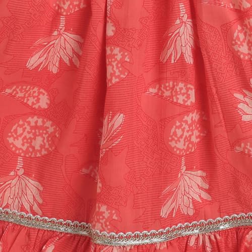Hopscotch Girls Sleeveless Coral 3-Pc Floral Cotton Kurta Sharara Set For Age (9-10 Years)