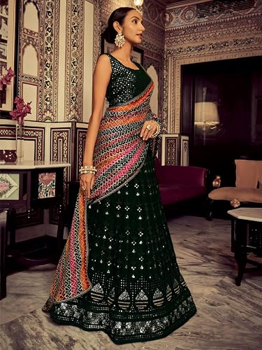 Zeel Clothing Women's Sequins Thread Embroidered Georgette Lehenga Choli With Dupatta (6003-Green-Women-Lehenga-Choli-New; Free Size)(Green)