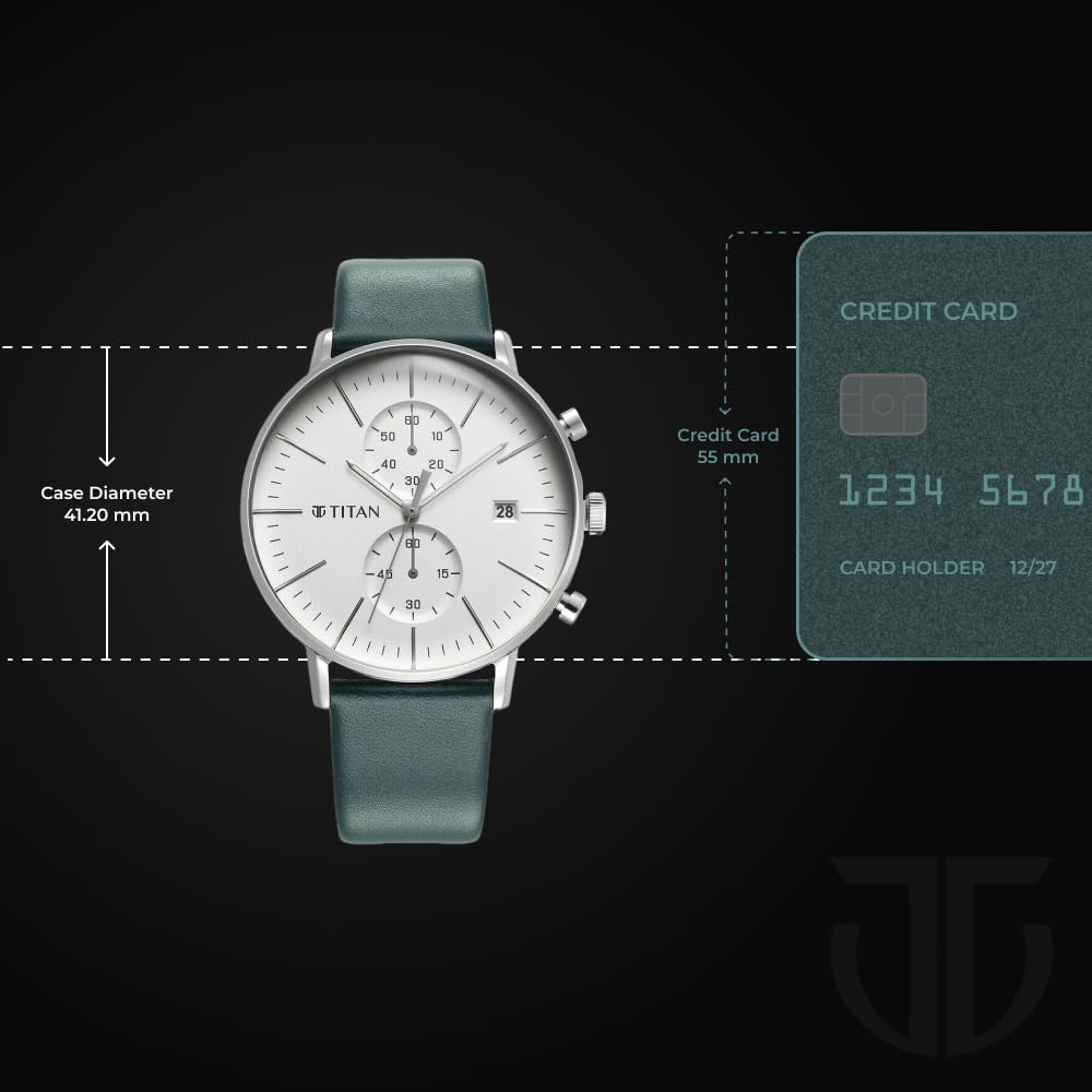 Titan Infinity Display Quartz Chronograph with Date Silver Dial Dark Teal Green Leather Strap Watch for Men - NT90146SL01