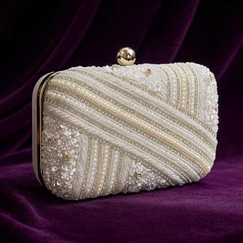 DUCHESS White Pearl Embellished Clutch for Women | Sequin & Beaded Party Purse | Elegant Wedding Handbag for Girls | Stylish Bridal Accessory | Designer Evening Bag for Festive Occasions