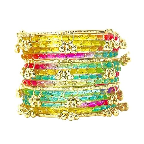 BANGLESKART Raindrop Light Multi Color Glass Bangles Set Kashmiri Ghunghroo Chuda with Plain Latkan Charms Jewelry Women (two set for two hand, 2.6)