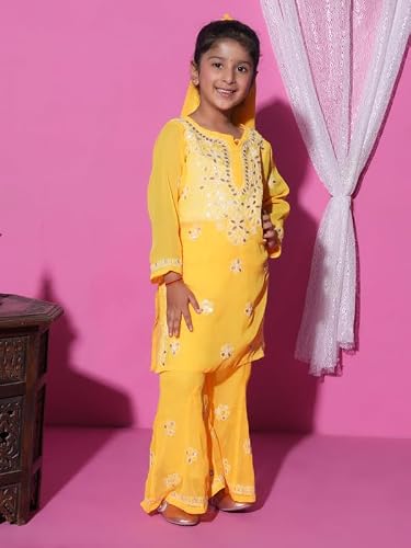 Fashion Chikan Art Chikankari Lucknowi Hand Embroided Gota Patti Kurti,Palazzo and Dupatta Set | Color - Yellow | Size - 11-12 Years