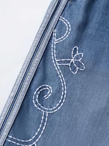 The Souled Store Pull-On Denim: Sunshine Women and Girls Drawstring Waist Blue Light Wash Cotton Straight Fit Embroidered Motif Lightweight Everyday Casual Denim Jeans