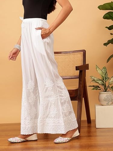 Ada Hand Embroidered Lucknow Chikankari Modal Flared Palazzo Pant Culottes for Women A711189 White (L)