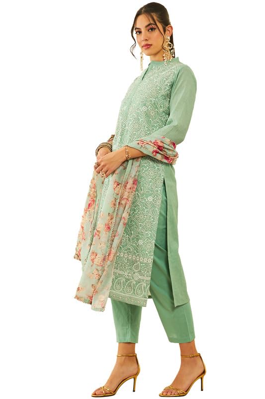 Soch Womens Sea Green Chanderi Chikankari Embroidered Suit Set With Sequins