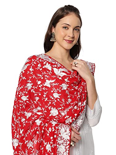 DUPATTA BAZAAR Women's Red Embroidered Parsi Gara Georgette White Thread Work Dupatta, free size