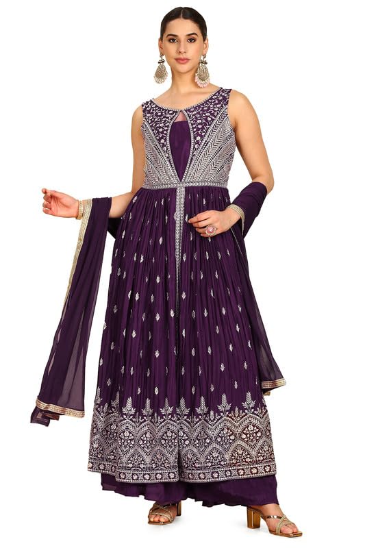 Soch Womens Wine Chinon Embroidered Suit Set With Stone Work