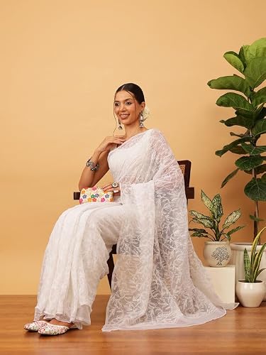 Ada Hand Embroidered Lucknowi Chikankari Georgette Saree for Women with Unstitched Blouse Piece A311382 White