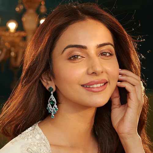 ACCESSHER Elegant Silver-Tone Multicolor Stone Drop Dangle Earrings | American Diamond Studded Lightweight Jewellery For Gift | Stylish Earrings For Women & Girls (Green)