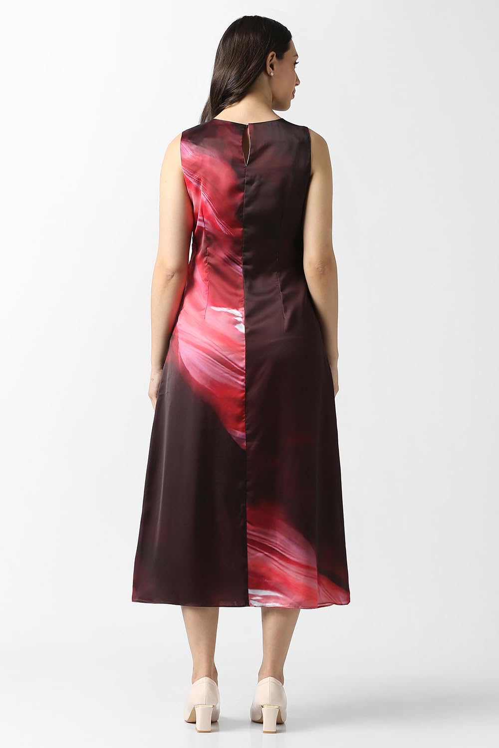Women Maroon Print Calf-Length Party Dress