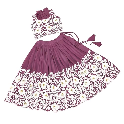 Tejam Girls Traditional Georgette Silk Floral Embroidered Readymade Crop Top With Lehenga Choli For Girls 2 To 8 Years (Onion, 6-7 Years)