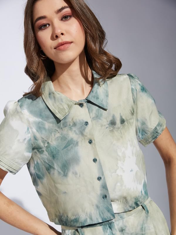 Latin Quarters Women Green Collar Neck Half Sleeve Printed Casual Shirt Blouse_M
