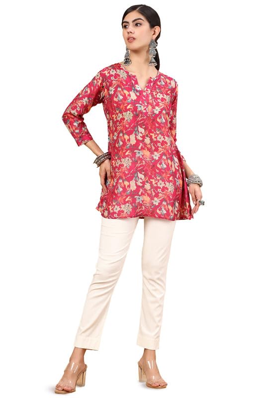 Soch Womens Fuchsia Floral Printed Notched Neck Silk Blend A-Line Tunic