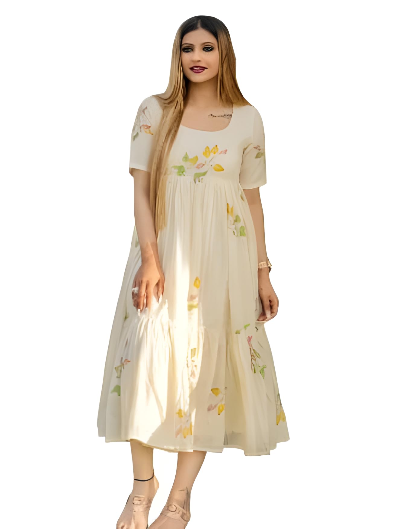 eightone Girl's & Women's Floral A-line Kurti Fit and Flare Cotton Midi One Piece Stylish Maxi Long Frock Dress for Women (in, Alpha, 4XL, Cream White)