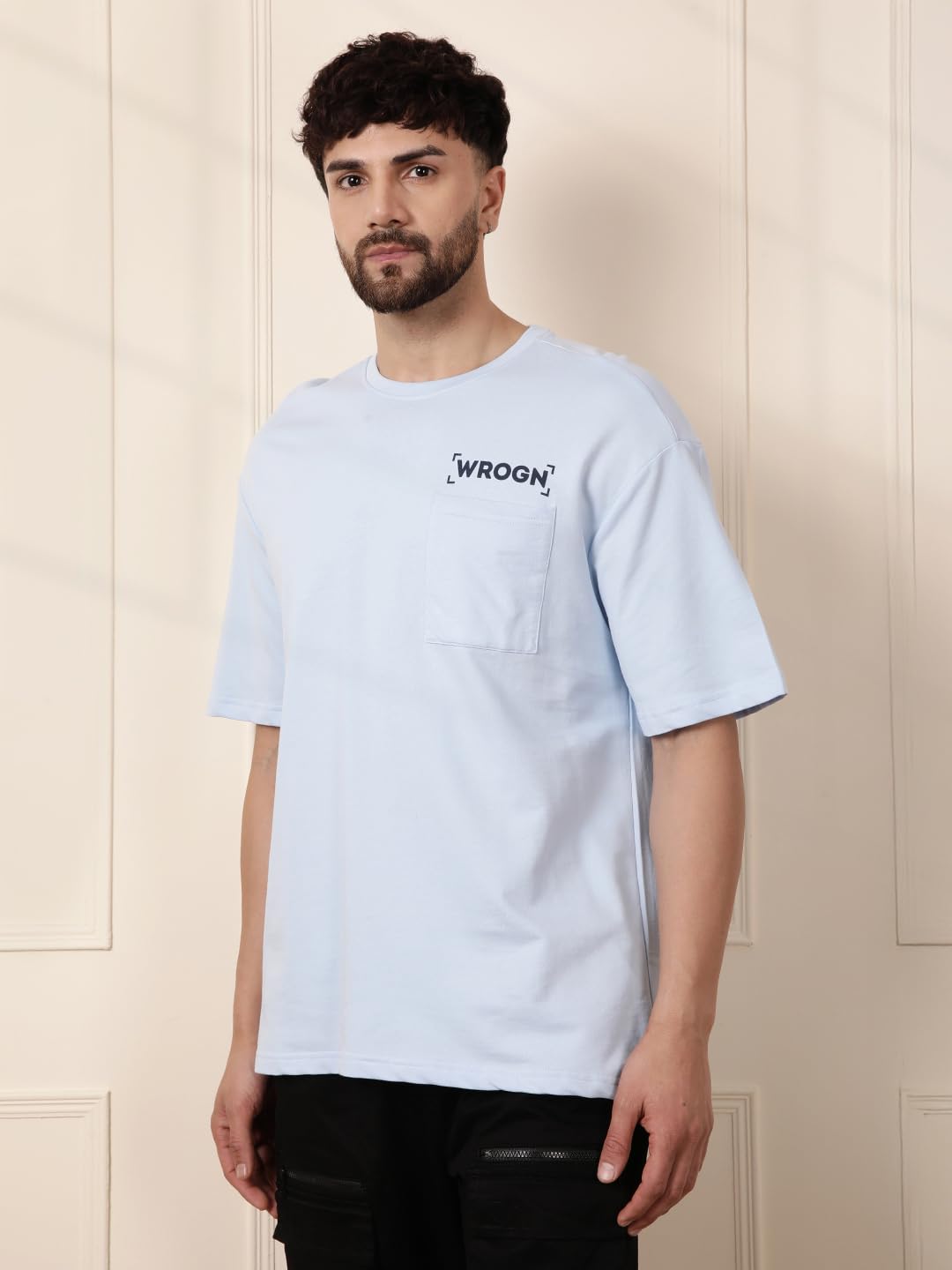 WROGN Men's 220 GSM Pure Cotton Terry T-Shirt | Front & Back Graphic Print | Oversized Fit | Blue | M